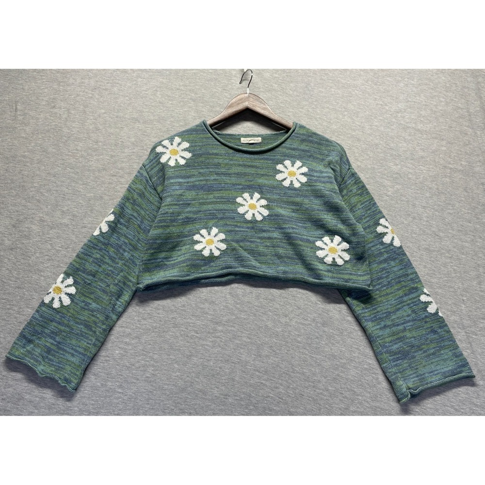 L.A. Hearts PacSun Cropped Sweater Womens XS Green Daisy Flower Classic Winter